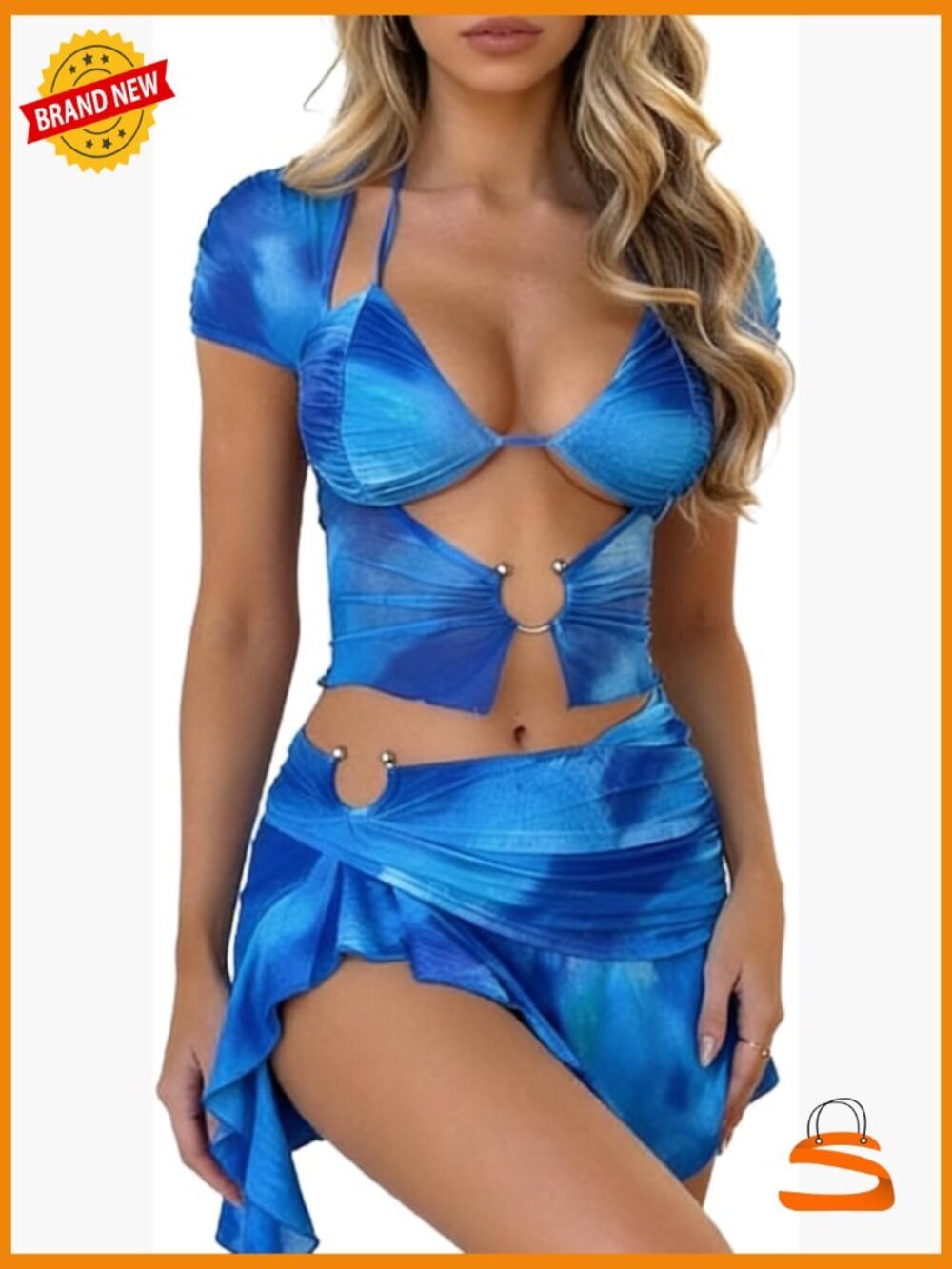 Sexy Two Piece Skirt Set Short Sleeve Mini Skirt Outfit Vacation Y2K